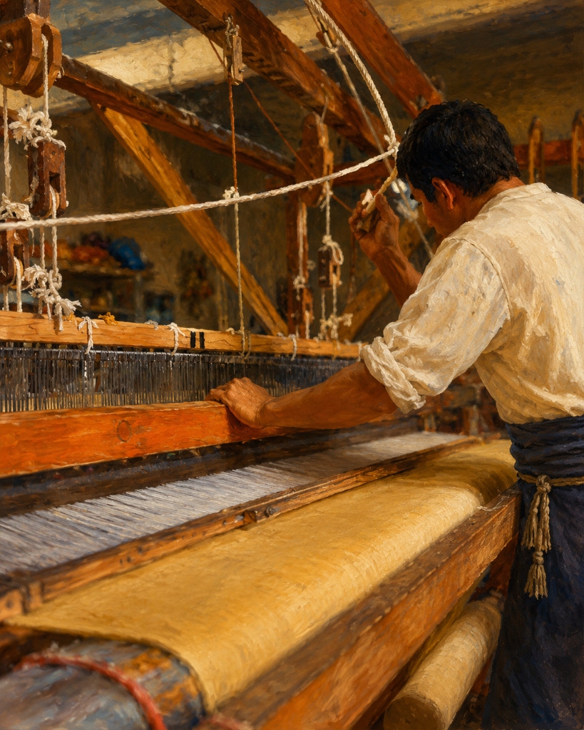 Artesano tejiendo en un telar de pedal tradicional